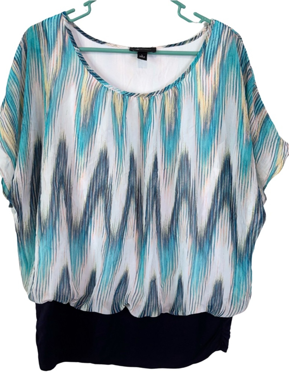 3/$20 AB Studio Teal, Navy Blue & White Abstract Blouse